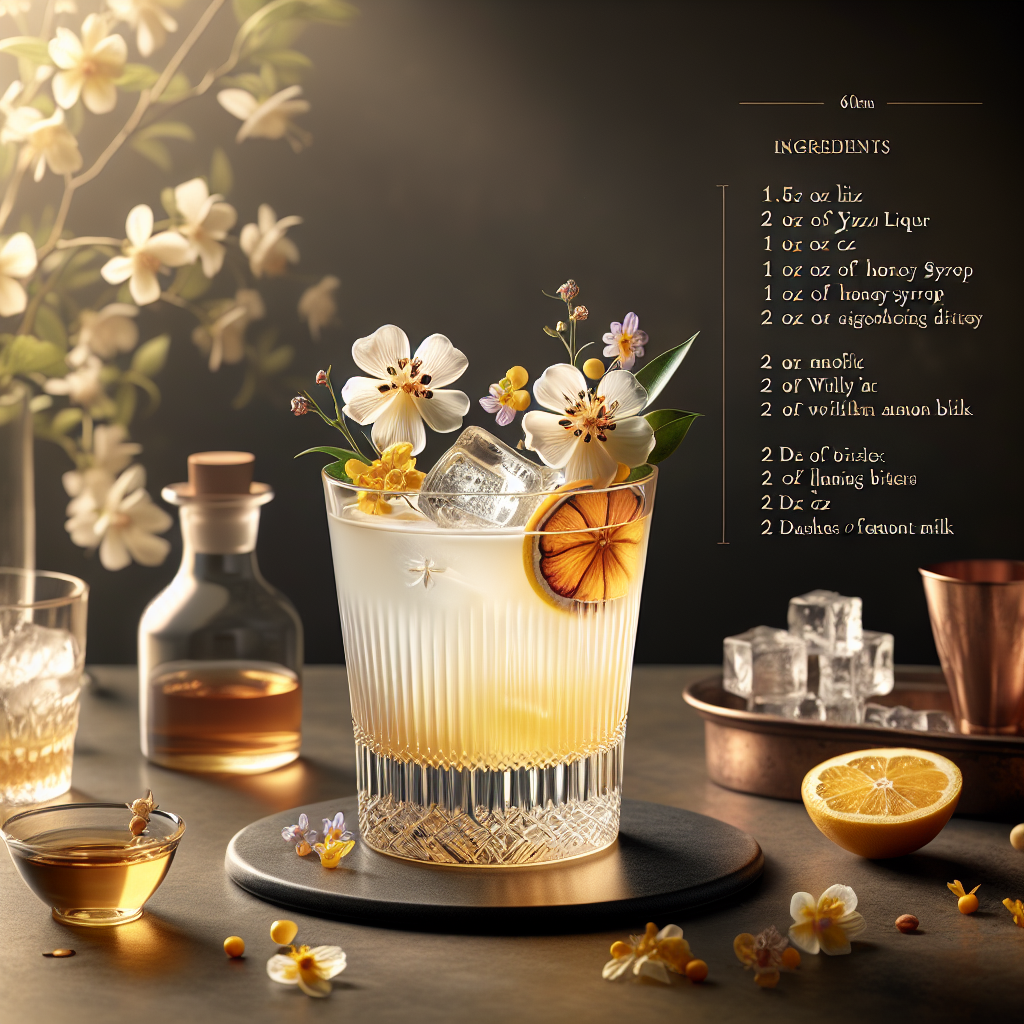 Spring Whisper, Delicate spring cocktail with Yuzu liquor, milk, and honey.