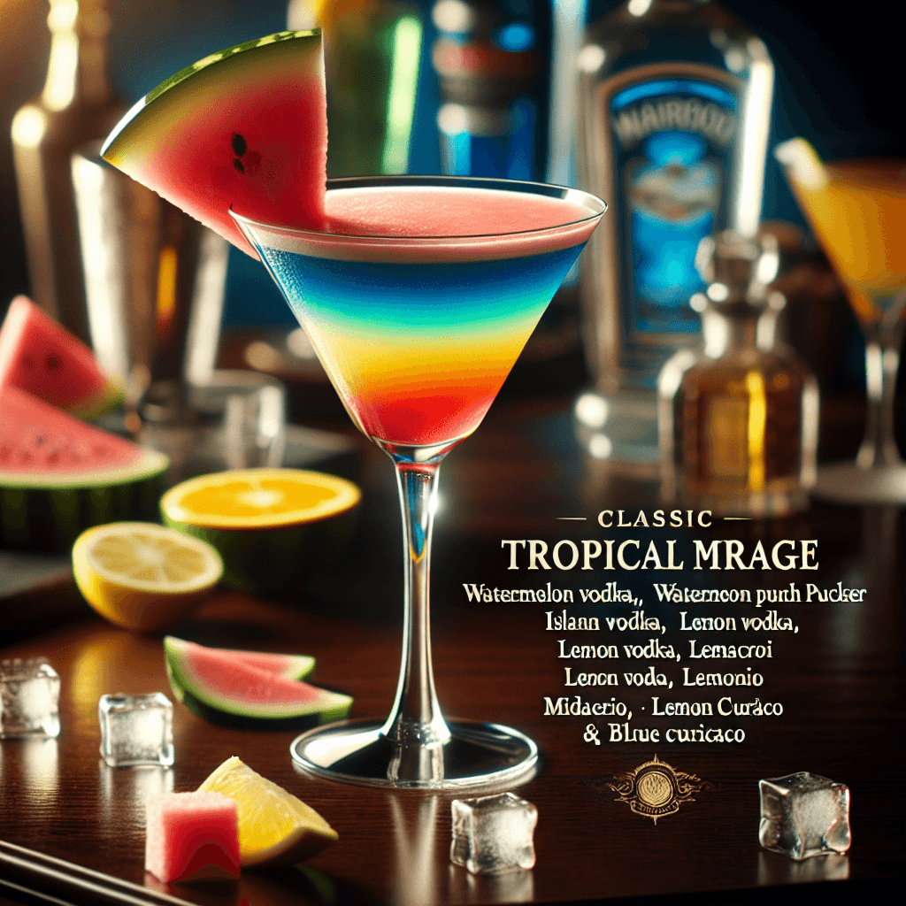 Tropical Mirage Martini, Vibrant tropical martini with a colorful gradient