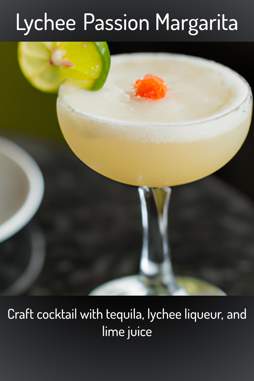 Lychee Passion Margarita, Craft cocktail with tequila, lychee liqueur, and  lime juice