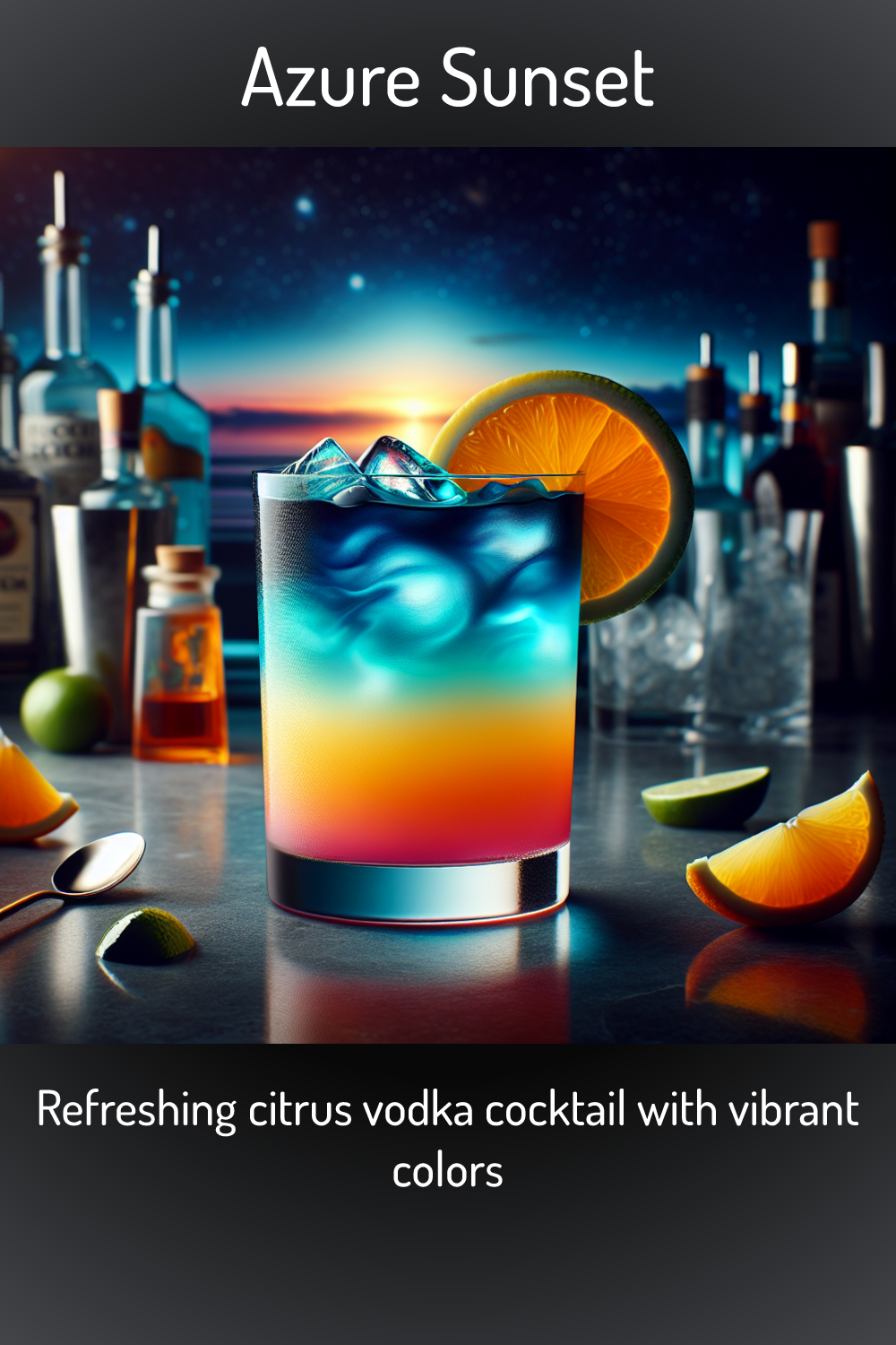 Azure Sunset, Refreshing citrus vodka cocktail with vibrant colors