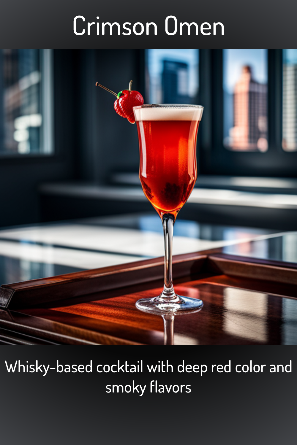 Crimson Omen, Whisky-based cocktail with deep red color and smoky flavors